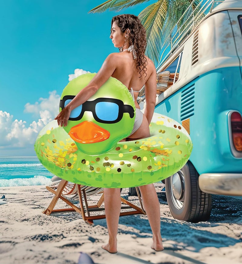 POZA Inflatable Duck Pool Float Tube- Heavy Duty Vinyl UV Resistant Confetti Pool Duck Floatie, Animal Pool Float Swim Ring Pool Inflatables for Kids and Adults for Beach, Party, Vacation - Image 4